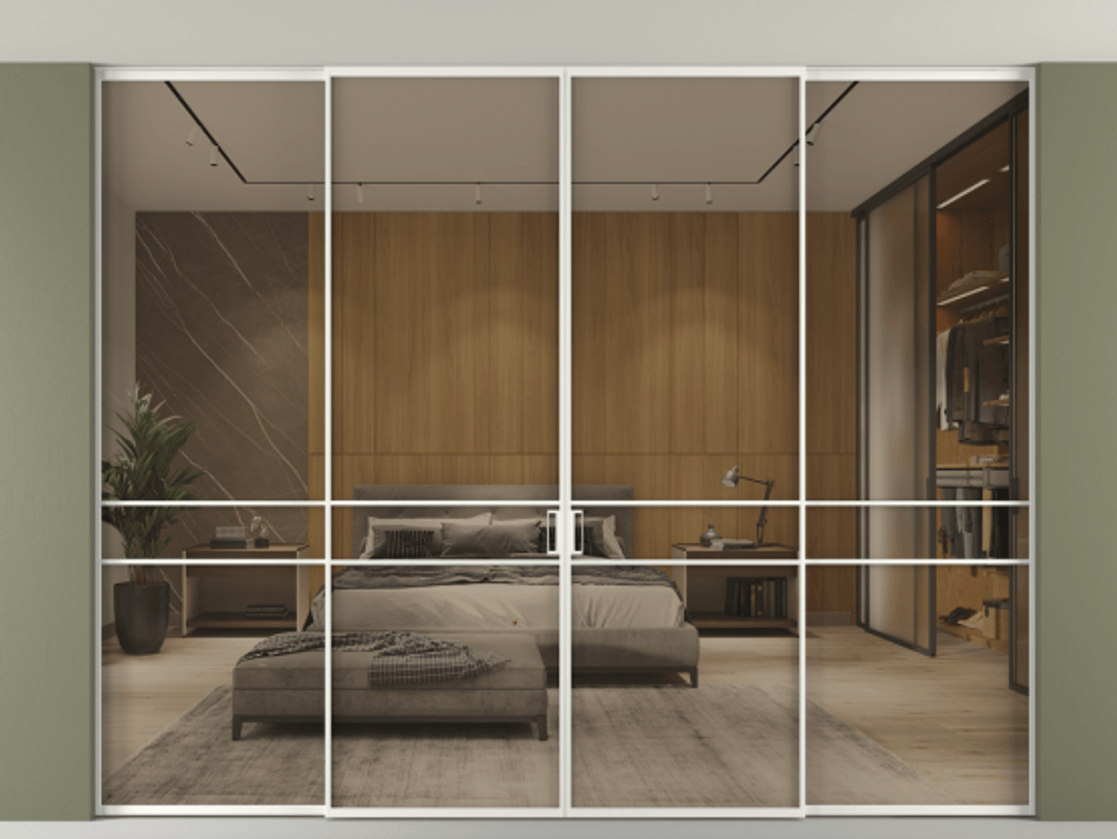 Перегородка Formato внутри проёма скрытое крепление в потолок 4 створки АЛПР 040.02 Алюминий светло-серый Рефлективное бронзовое стекло "Stopsol", калёное Цена 3743860 AMD | Volhovec