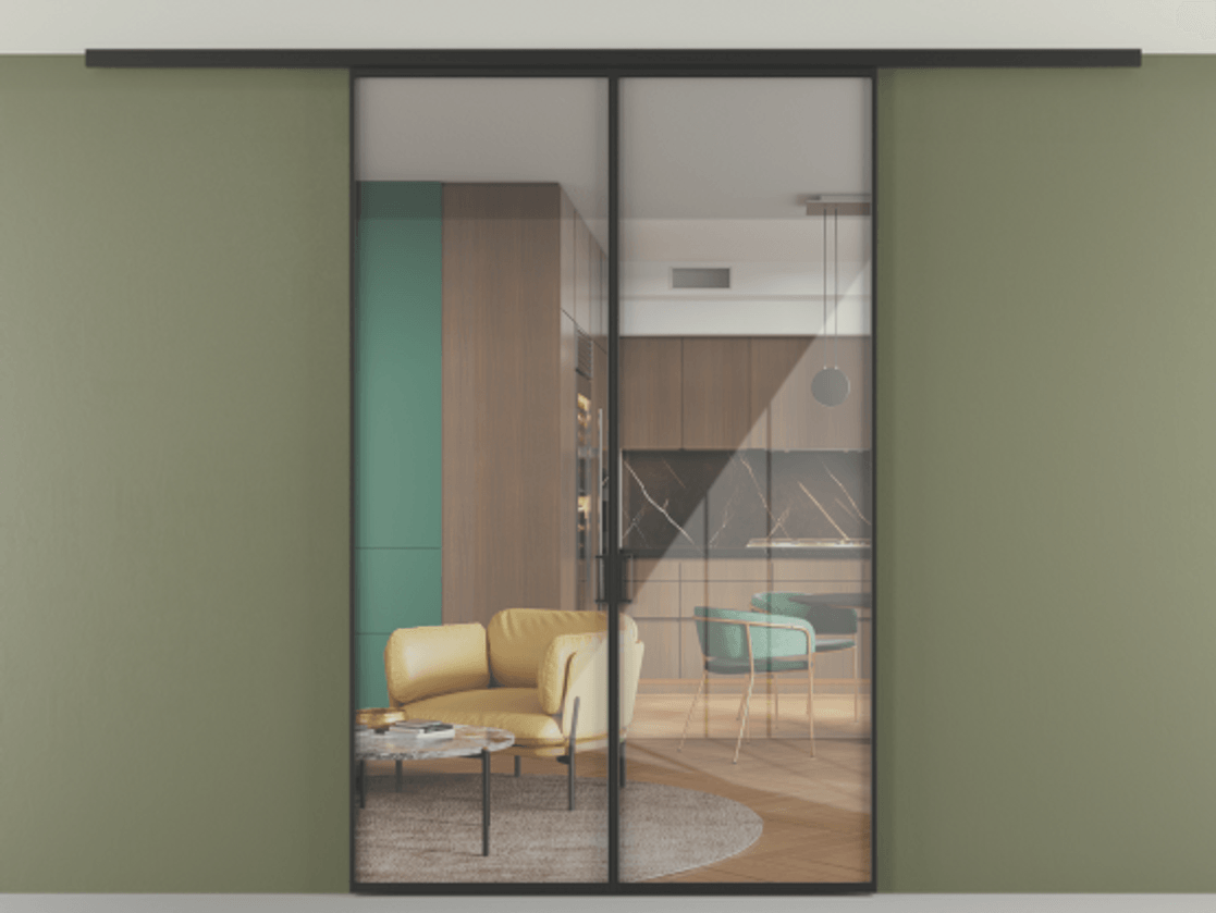 Перегородка Формато вдоль стены на потолок 2 створки АЛПР 040.01 Алюминий Черный Рефлективное прозрачное стекло "Стопсол", калёное Цена 1507010 AMD | Volhovec