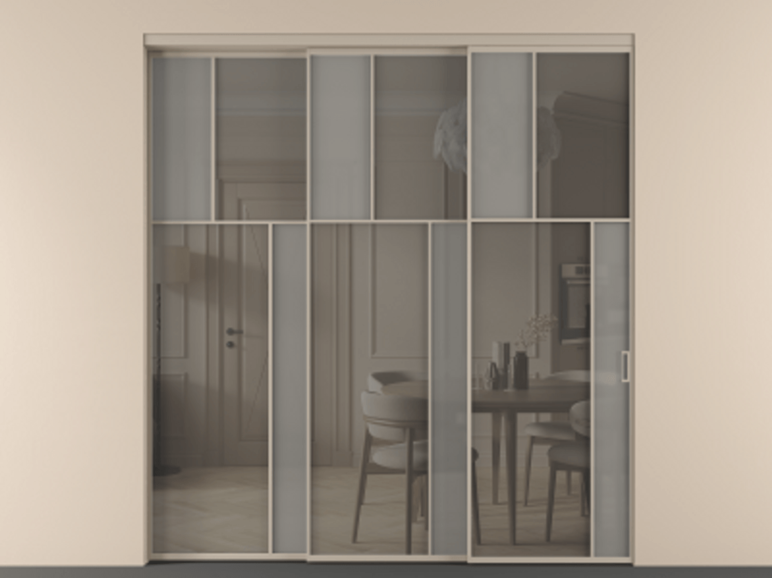 Перегородка Mosaic внутри проёма 3 створки с синхронным механизмом АЛПР 041.23 Алюминий бисквитный Сатинированное серое стекло, триплекс, 6 мм + Прозрачное серое стекло, триплекс Цена 2949760 AMD | Volhovec