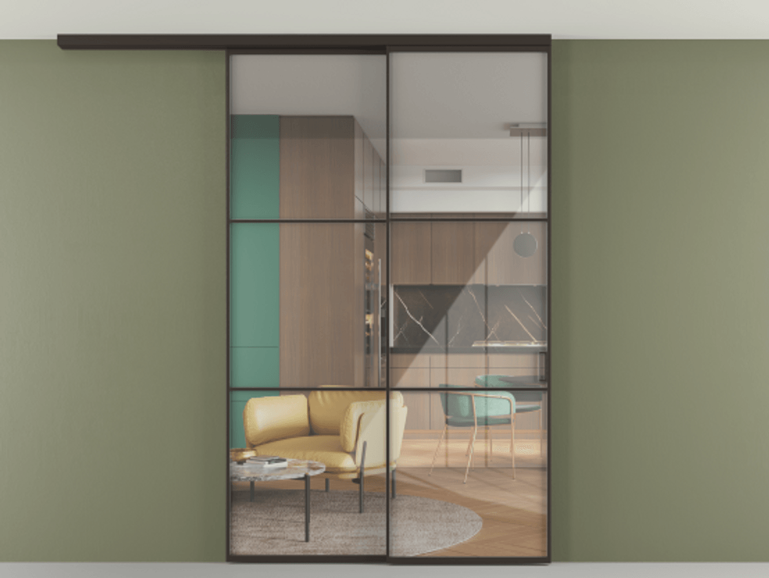 Перегородка Формато вдоль стены на потолок 2 створки с синхронным механизмом АЛПР 040.03 Алюминий антрацит Рефлективное прозрачное стекло "Стопсол", калёное Цена 423370 сом | Volhovec