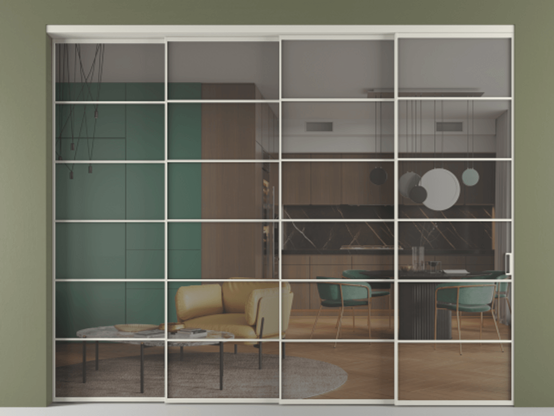 Перегородка Формато внутри проёма 4 створки с синхронным механизмом АЛПР 040.04 Алюминий тёплый серый Прозрачное серое стекло, триплекс. Цена 3295660 AMD 1. Полотно 4 шт. (800/2100 мм)
2. Комплект установки раздвижной системы
3. Базовый комплект фурнитуры
4. Комплект фурнитуры телескопик синхро-3
5. Ручка Рондо. Фабрика дверей Волховец 8 (800) 551 43 19 Перегородка Формато внутри проёма 4 створки с синхронным механизмом АЛПР 040.04 Алюминий тёплый серый Прозрачное серое стекло, триплекс Цена 3295660 AMD | Volhovec