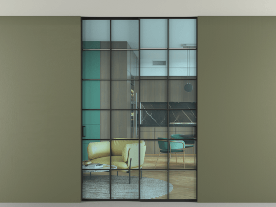 Перегородка Formato внутри проёма скрытое крепление в потолок 2 створки АЛПР 040.05 Алюминий Черный Прозрачное голубое стекло, триплекс Цена 1774800 AMD | Volhovec