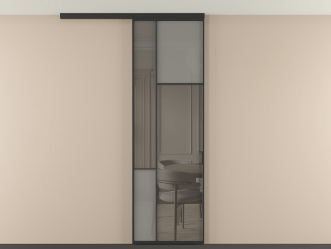 Перегородка Mosaic вдоль стены на потолок 1 створка АЛПР 041.11 Алюминий Черный Сатинированное серое стекло, триплекс, 6 мм + Прозрачное серое стекло, триплекс Цена 873750 AMD | Volhovec