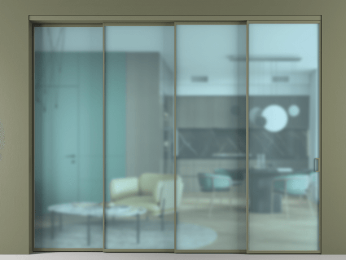 Перегородка Формато внутри проёма 4 створки с синхронным механизмом АЛПР 040.01 Алюминий оливковый тёмный Сатинированное голубое стекло, триплекс Цена 446440 ₽ | Volhovec