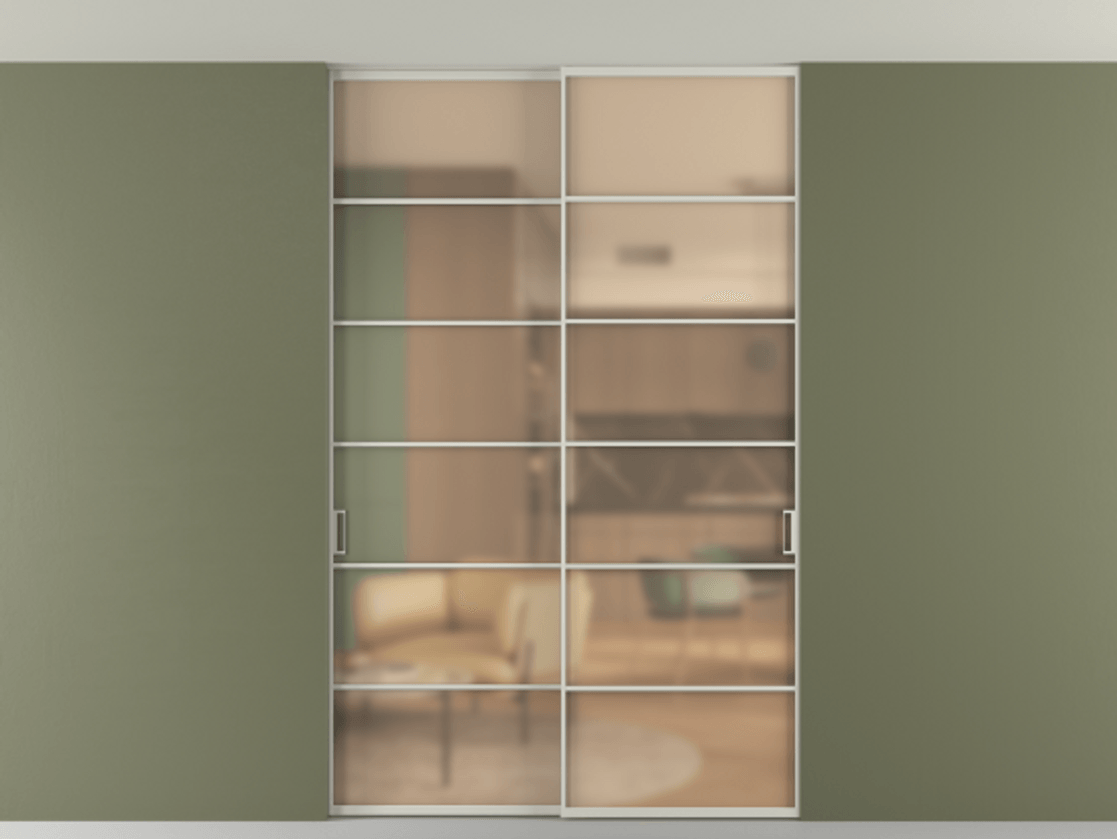 Перегородка Формато внутри проёма скрытое крепление в потолок 2 створки АЛПР 040.04 Алюминий тёплый серый Сатинированное оранжевое стекло, триплекс Цена 1760800 AMD | Volhovec