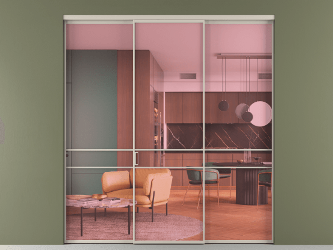 Перегородка Формато внутри проёма 3 створки АЛПР 040.02 Алюминий светло-бежевый Прозрачное розовое стекло, триплекс Цена 1600200 AMD | Volhovec