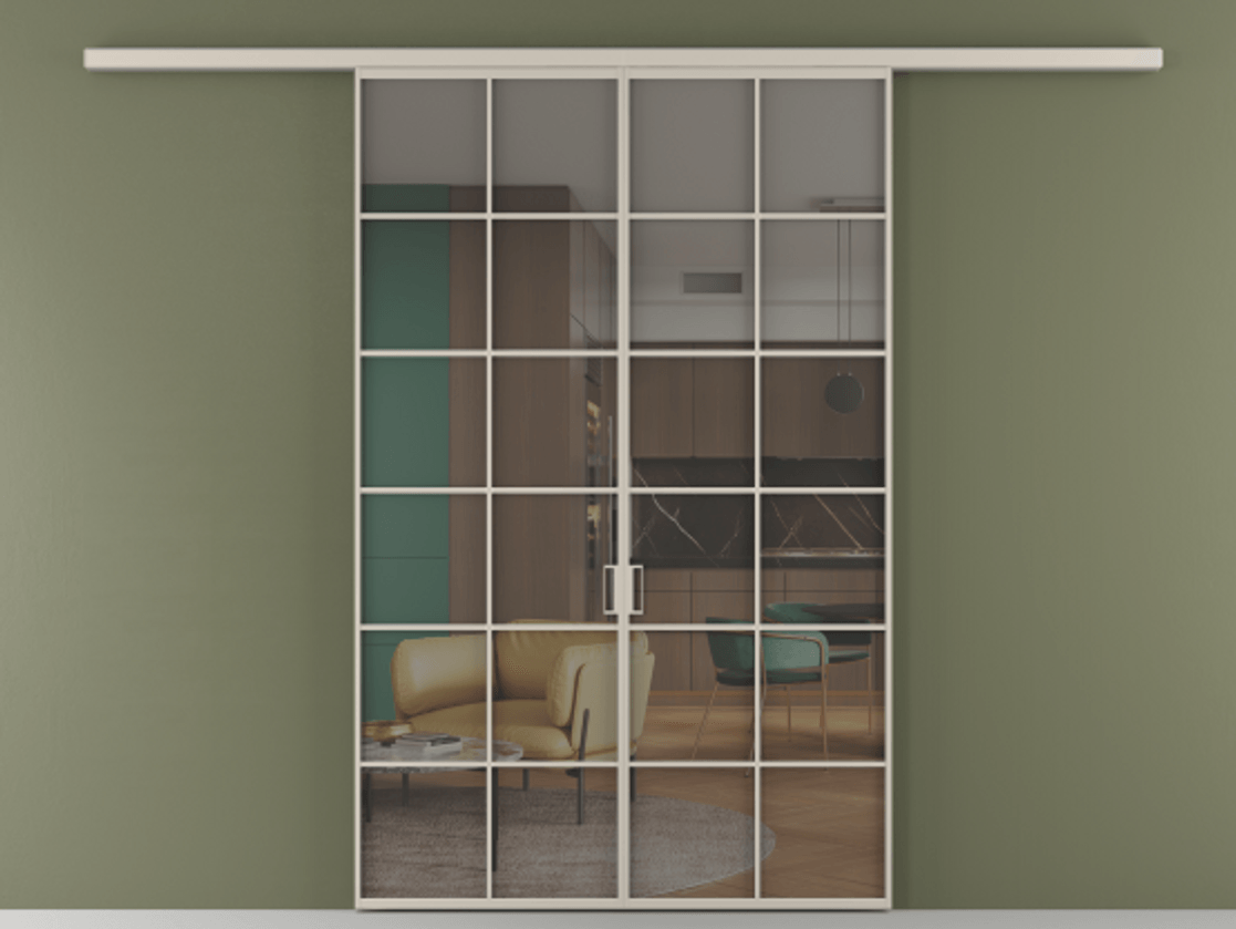 Перегородка Formato вдоль стены 2 створки АЛПР 040.05 Алюминий светло-бежевый Прозрачное серое стекло, триплекс Цена 248600 ₽ | Volhovec