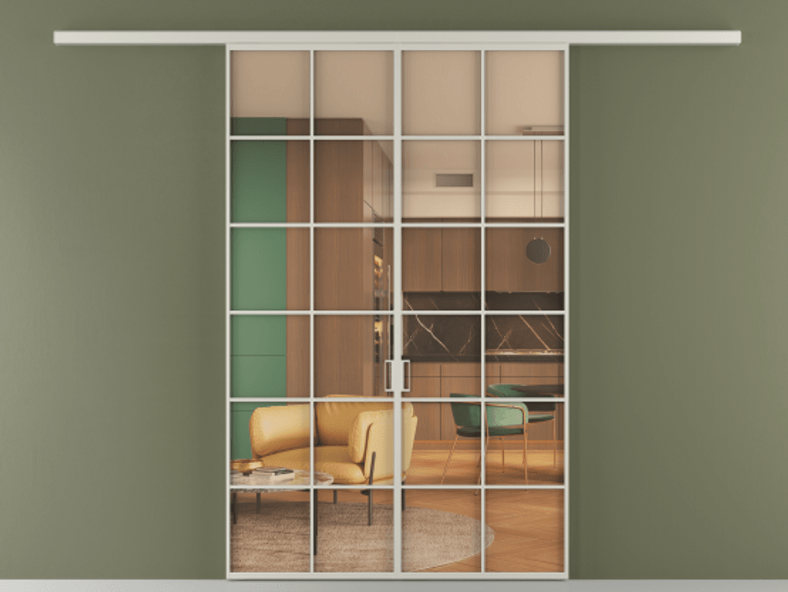 Перегородка Формато вдоль стены 2 створки АЛПР 040.05 Алюминий тёплый серый Прозрачное оранжевое стекло, триплекс Цена 1397000 AMD | Volhovec