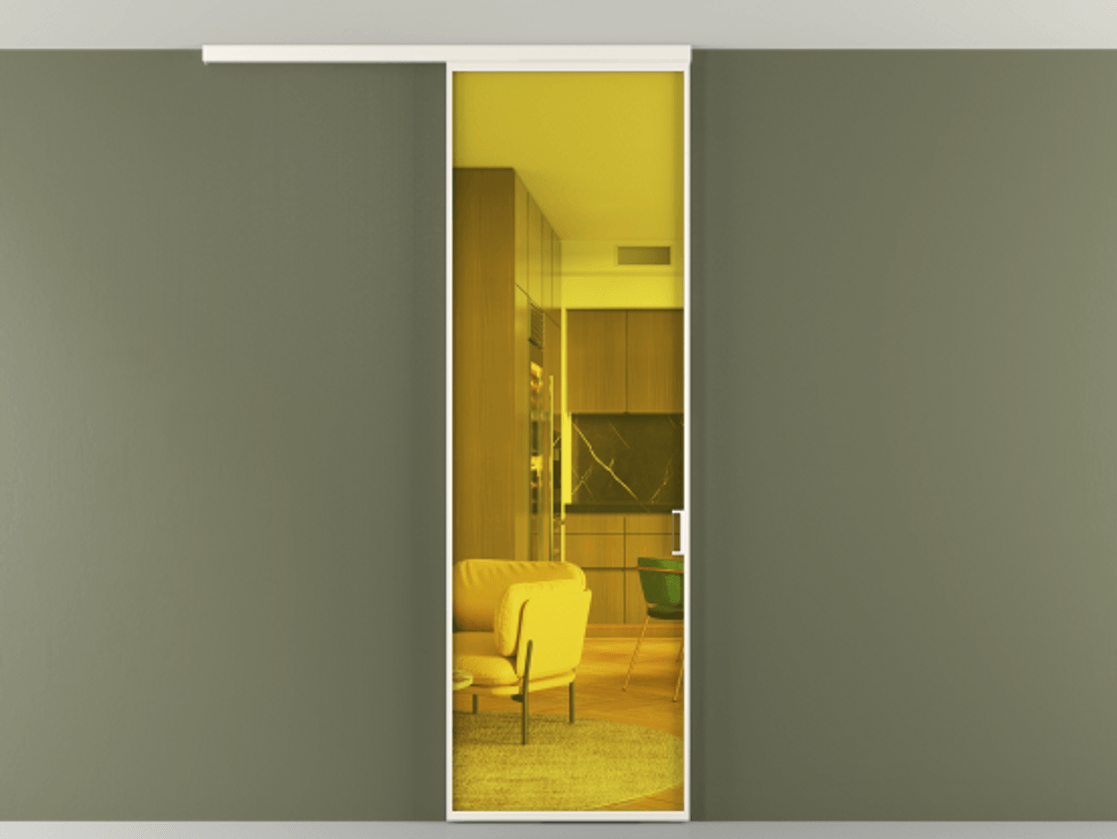 Перегородка Формато вдоль стены на потолок 1 створка АЛПР 040.01 Алюминий пудровый белый Прозрачное жёлтое стекло, триплекс Цена 623200 AMD | Volhovec