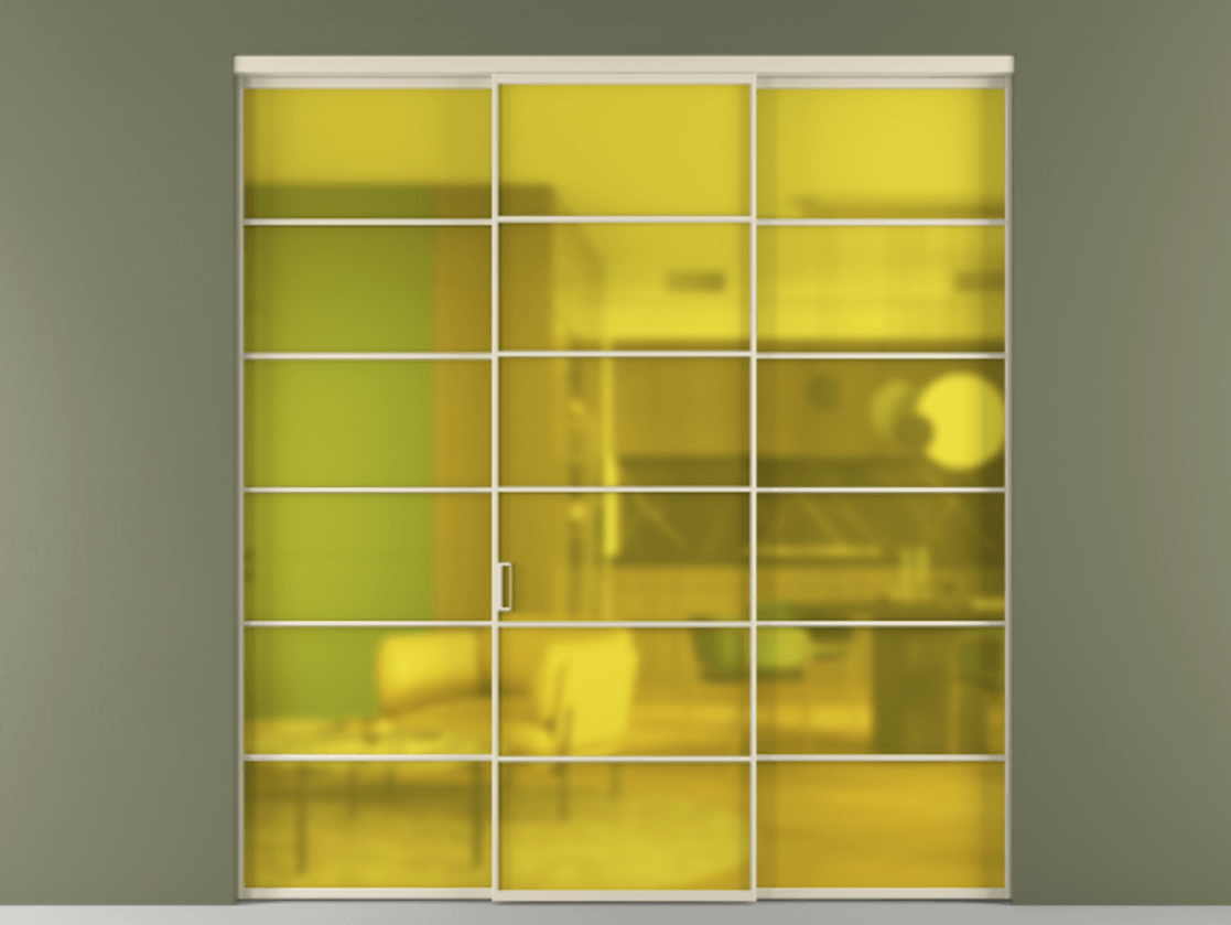 Перегородка Формато внутри проёма 3 створки АЛПР 040.04 Алюминий бежево-серый Сатинированное жёлтое стекло, триплекс Цена 1802400 AMD | Volhovec