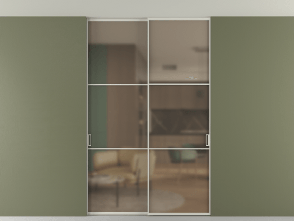 Перегородка Формато внутри проёма скрытое крепление в потолок 2 створки АЛПР 040.03 Алюминий тёплый серый Сатинированное бронзовое стекло, триплекс Цена 1673960 AMD | Volhovec