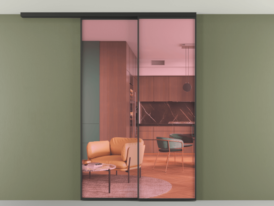 Перегородка Formato вдоль стены на потолок 2 створки с синхронным механизмом АЛПР 040.01 Алюминий Черный Прозрачное розовое стекло, триплекс Цена 1723000 AMD | Volhovec