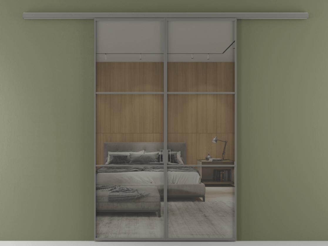 Перегородка Формато вдоль стены 2 створки АЛПР 040.03 Алюминий классический серый Рефлективное серое стекло "Стопсол", калёное Цена 1679260 AMD | Volhovec