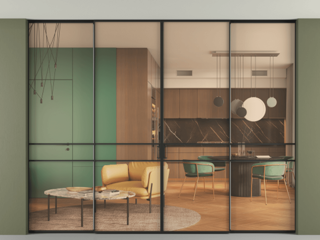 Перегородка Formato внутри проёма скрытое крепление в потолок 4 створки АЛПР 040.02 Алюминий Черный Прозрачное оранжевое стекло, триплекс Цена 2996900 AMD | Volhovec