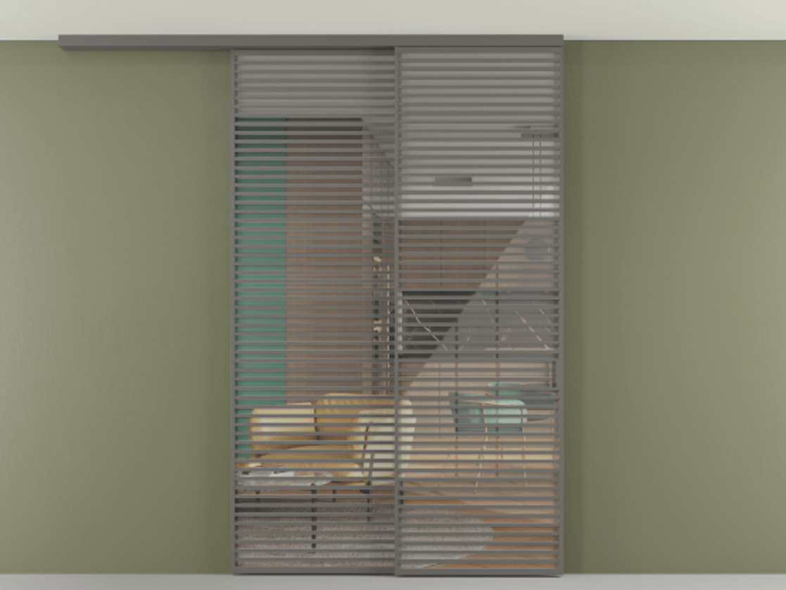 Перегородка Формато вдоль стены на потолок 2 створки с синхронным механизмом АЛПР 040.07 Алюминий классический серый Рефлективное прозрачное стекло "Стопсол", калёное Цена 3124200 AMD | Volhovec