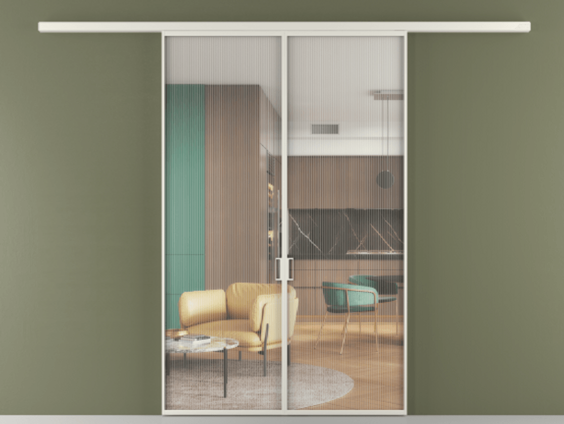 Перегородка Формато вдоль стены 2 створки АЛПР 040.01 Алюминий Белый Рифлёное стекло "Мору", триплекс Цена 192150 ₽ | Volhovec