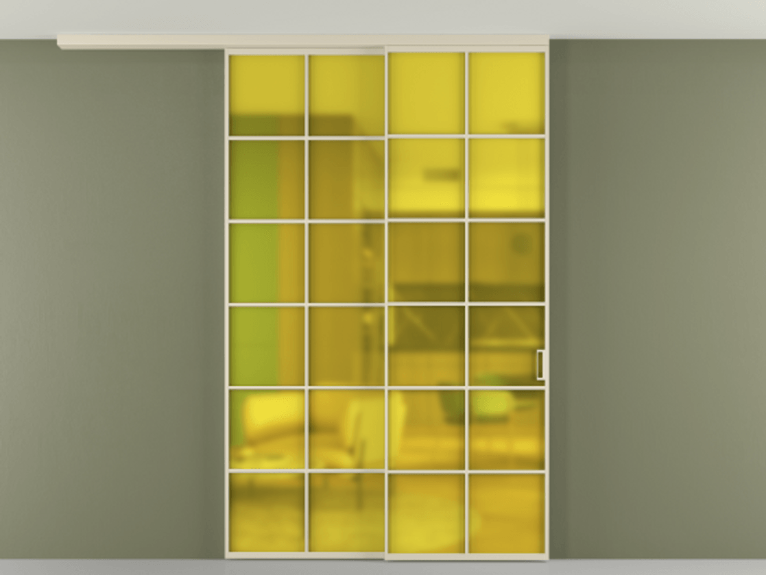 Перегородка Formato вдоль стены на потолок 2 створки с синхронным механизмом АЛПР 040.05 Алюминий бежево-серый Сатинированное жёлтое стекло, триплекс Цена 2213300 AMD | Volhovec