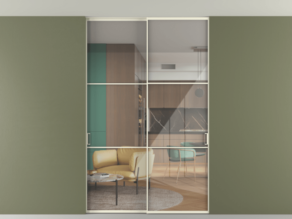 Перегородка Formato внутри проёма скрытое крепление в потолок 2 створки АЛПР 040.03 Алюминий молочно-белый Рефлективное прозрачное стекло "Stopsol", калёное Цена 2060430 AMD | Volhovec