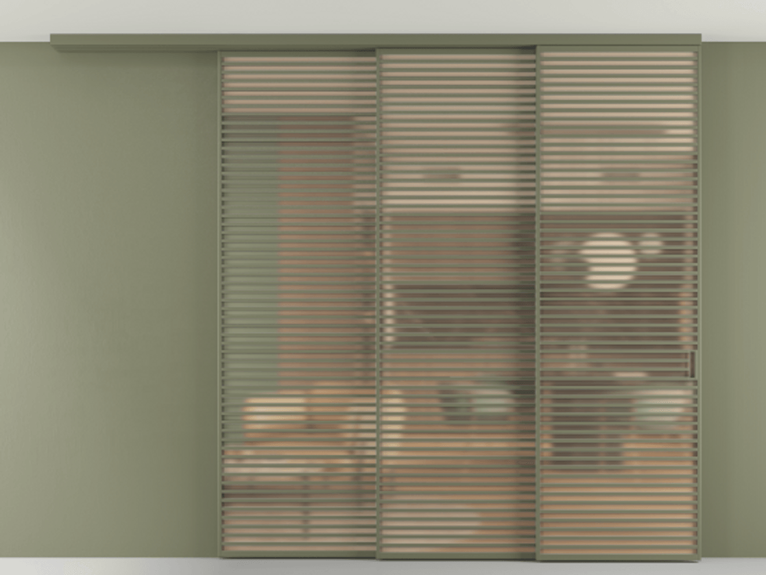 Перегородка Formato вдоль стены на потолок 3 створки с синхронным механизмом АЛПР 040.07 Алюминий оливковый тёмный Сатинированное оранжевое стекло, триплекс Цена 4225300 AMD | Volhovec