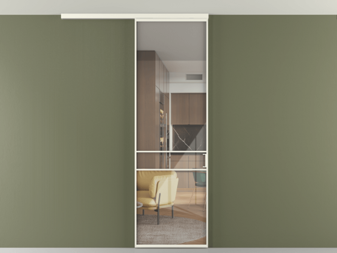 Перегородка Формато вдоль стены на потолок 1 створка АЛПР 040.02 Алюминий жемчужный Рефлективное прозрачное стекло "Стопсол", калёное Цена 724220 AMD | Volhovec