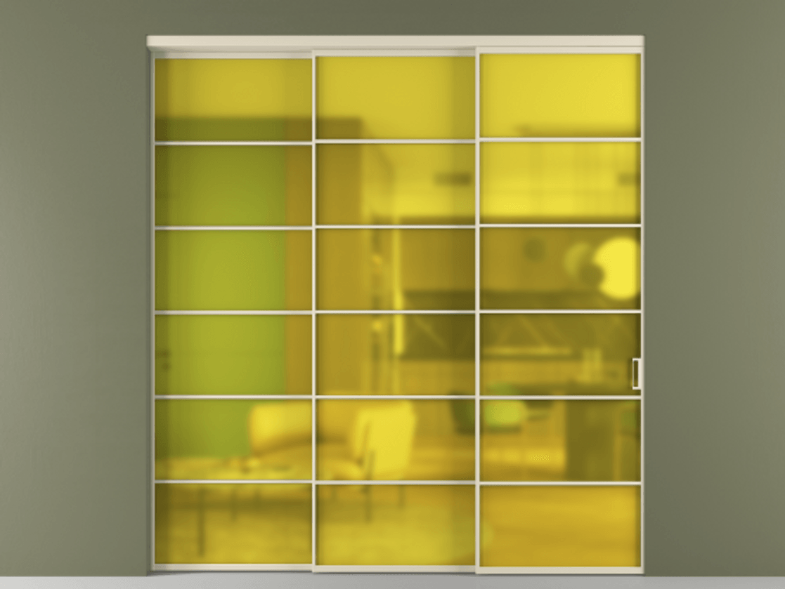 Перегородка Formato внутри проёма 3 створки с синхронным механизмом АЛПР 040.04 Алюминий бежево-серый Сатинированное жёлтое стекло, триплекс Цена 601330 сом  | Volhovec