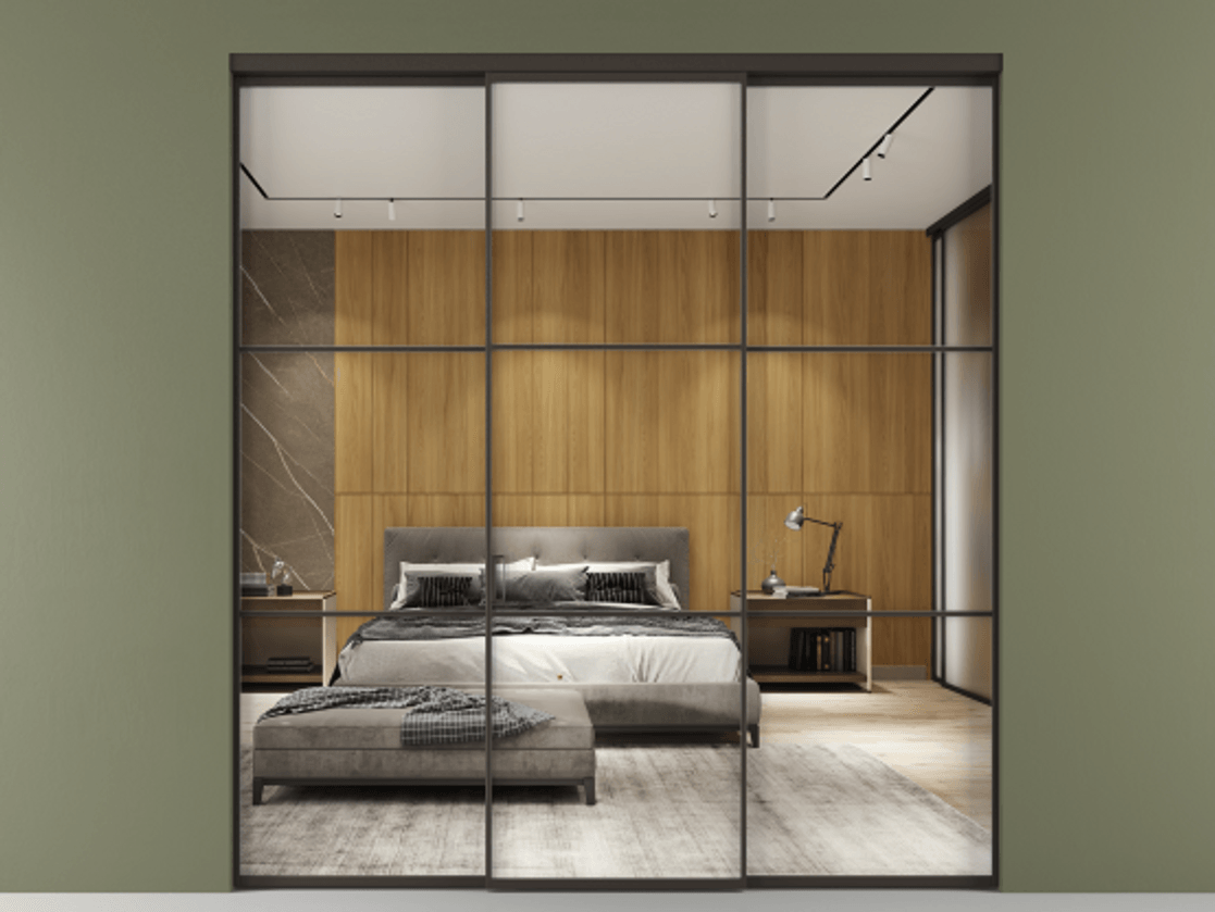 Перегородка Формато внутри проёма 3 створки АЛПР 040.03 Алюминий антрацит Двустороннее зеркало, триплекс , триплекс 6 мм Цена 1600180 AMD | Volhovec