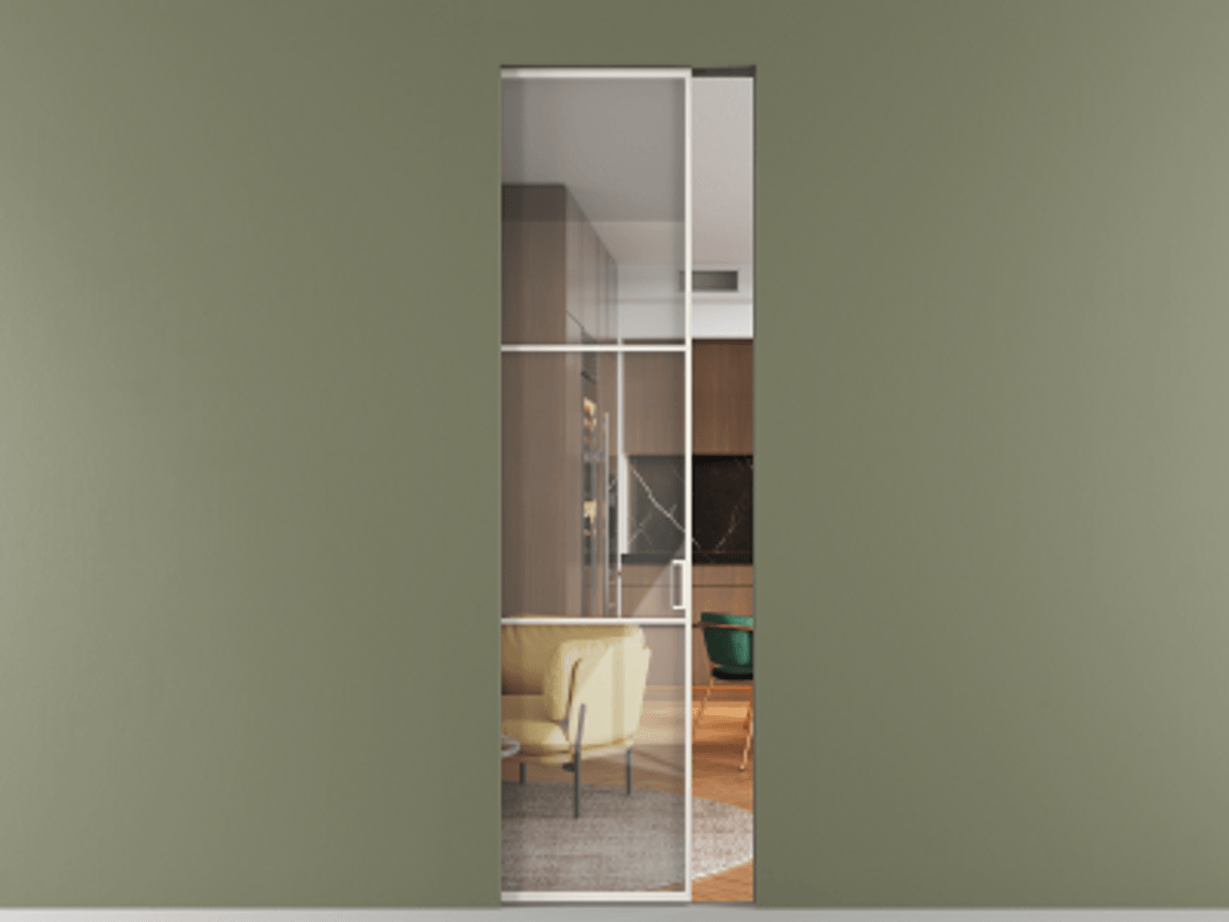 Перегородка Formato скрытый пенал 1 створка АЛПР 040.03 Алюминий пудровый белый Рефлективное прозрачное стекло "Stopsol", калёное Цена 1203100 AMD | Volhovec