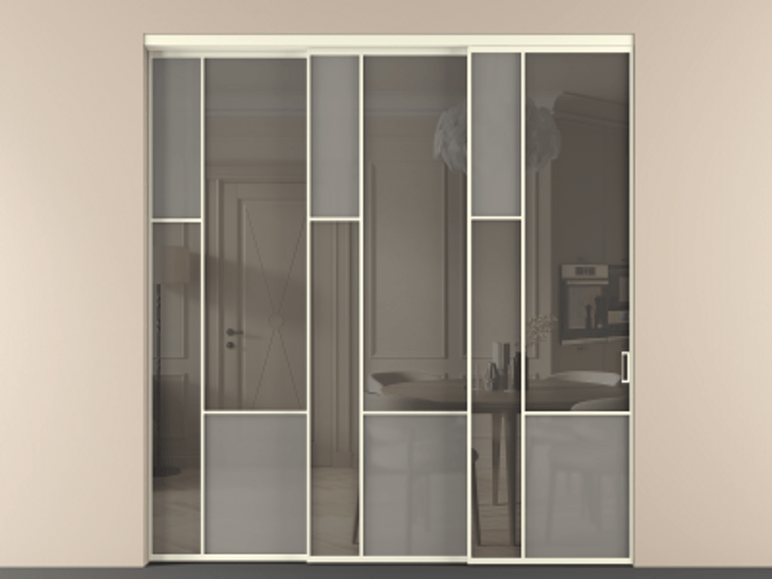 Перегородка Мозаик внутри проёма 3 створки с синхронным механизмом АЛПР 041.13 Алюминий молочно-белый Сатинированное серое стекло, триплекс, 6 мм + Прозрачное серое стекло, триплекс Цена 2949760 AMD | Volhovec