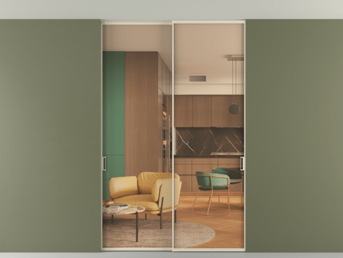 Перегородка Формато внутри проёма скрытое крепление в потолок 2 створки АЛПР 040.01 Алюминий бежево-серый Прозрачное оранжевое стекло, триплекс Цена 1665600 AMD | Volhovec