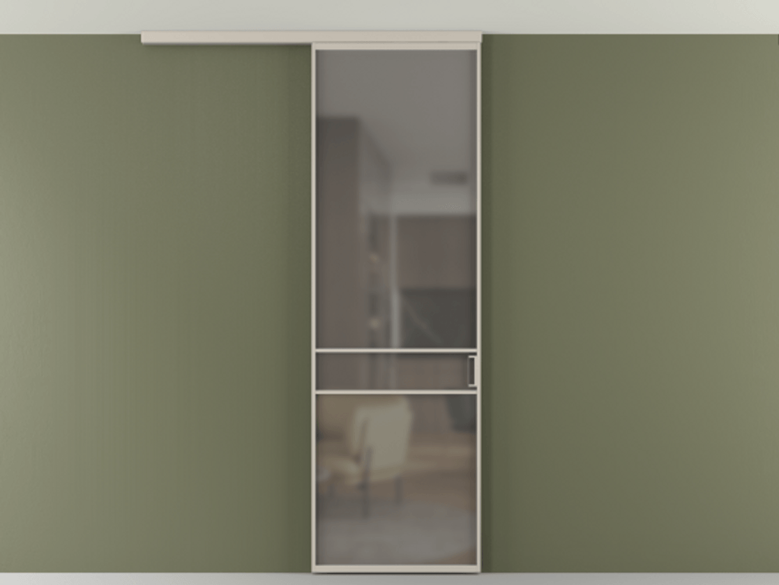 Перегородка Формато вдоль стены на потолок 1 створка АЛПР 040.02 Алюминий светло-бежевый Сатинированное серое стекло, триплекс Цена 653210 AMD | Volhovec