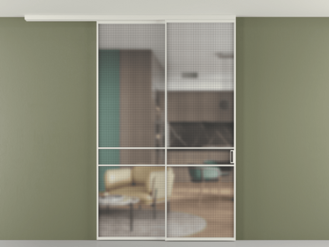 Перегородка Formato вдоль стены на потолок телескопик синхро 2 АЛПР 040.02 Алюминий Белый Декоративное стекло с сеткой "Mesh silver", триплекс Цена 1871060 AMD | Volhovec