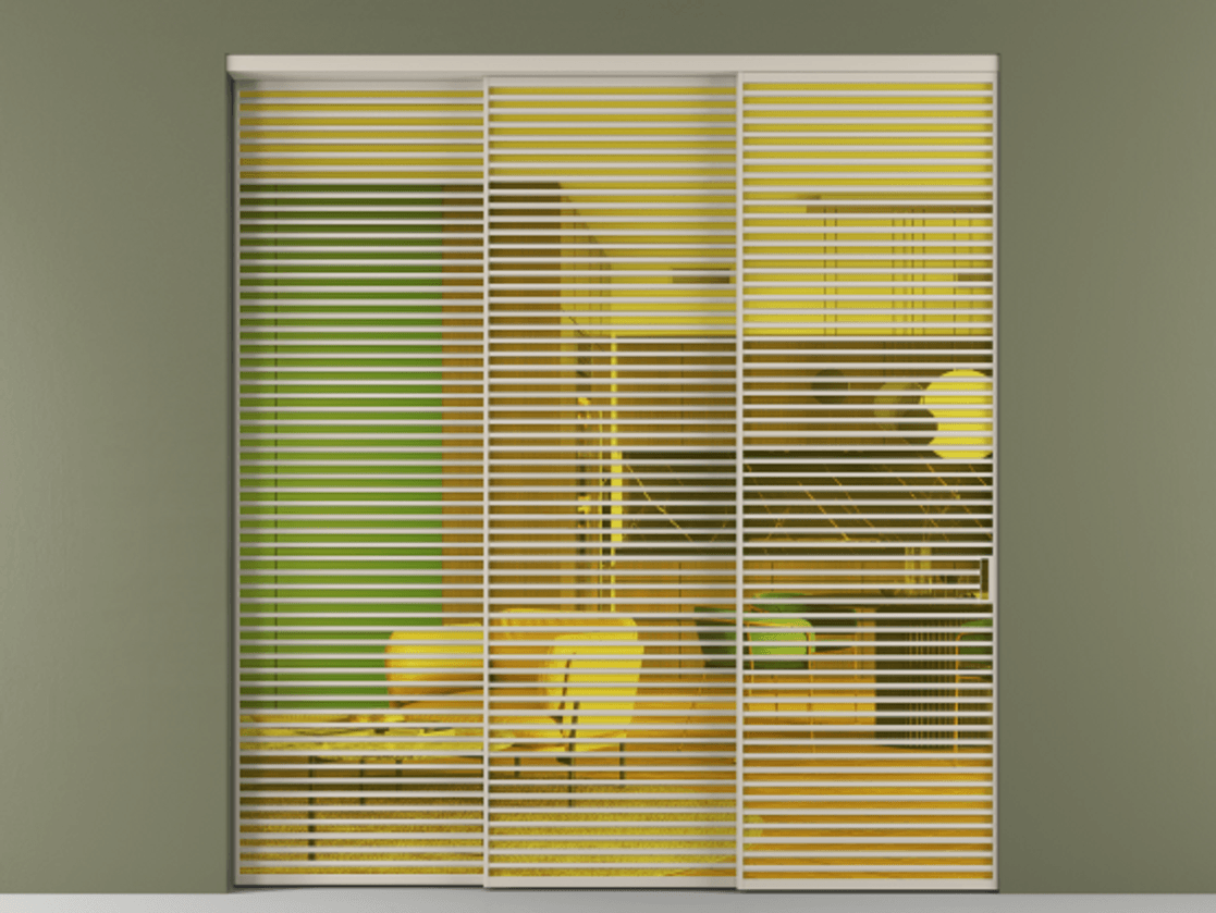 Перегородка Formato внутри проёма 3 створки с синхронным механизмом АЛПР 040.07 Алюминий светло-бежевый Прозрачное жёлтое стекло, триплекс Цена 3909800 AMD  | Volhovec