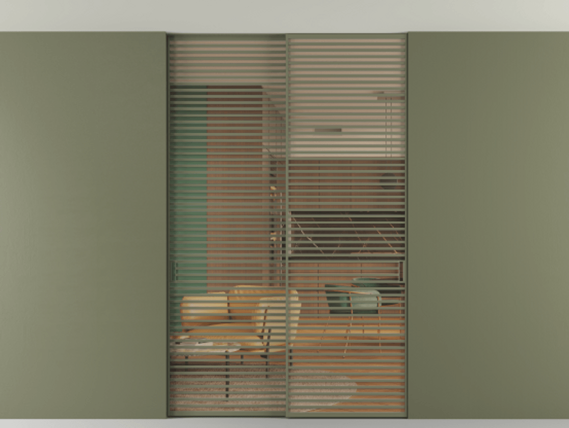 Перегородка Формато внутри проёма скрытое крепление в потолок 2 створки АЛПР 040.07 Алюминий оливковый тёмный Прозрачное оранжевое стекло, триплекс Цена 2764500 AMD | Volhovec