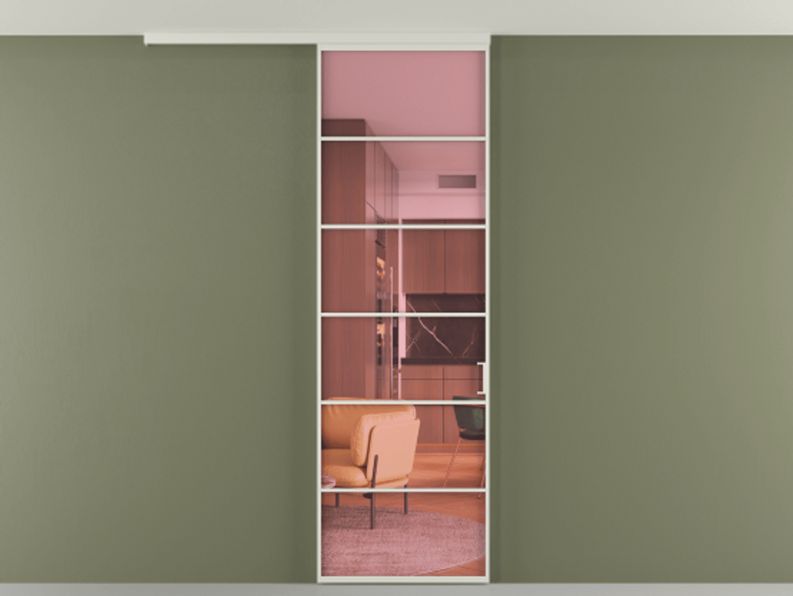 Перегородка Формато вдоль стены на потолок 1 створка АЛПР 040.04 Алюминий Белый Прозрачное розовое стекло, триплекс Цена 99293 ₽ | Volhovec