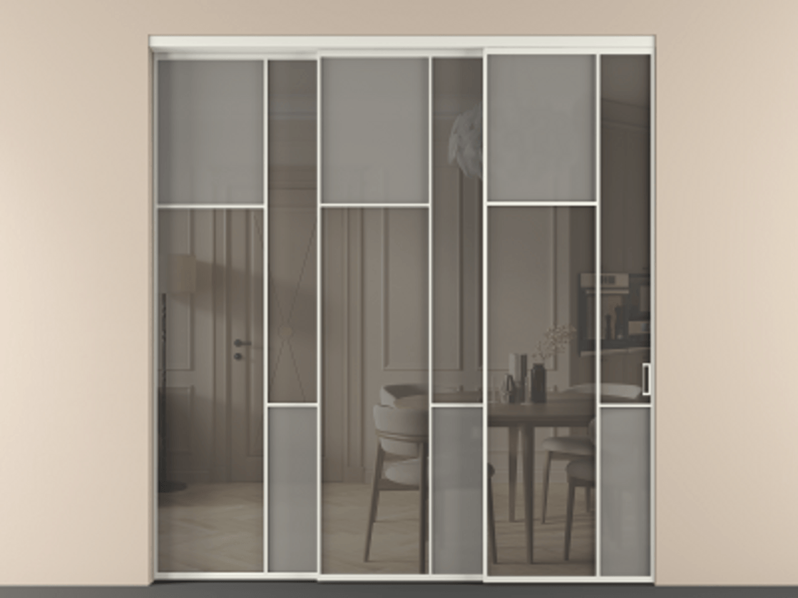 Перегородка Mosaic внутри проёма 3 створки с синхронным механизмом АЛПР 041.10 Алюминий серый Сатинированное серое стекло, триплекс, 6 мм + Прозрачное серое стекло, триплекс Цена 2949760 AMD | Volhovec