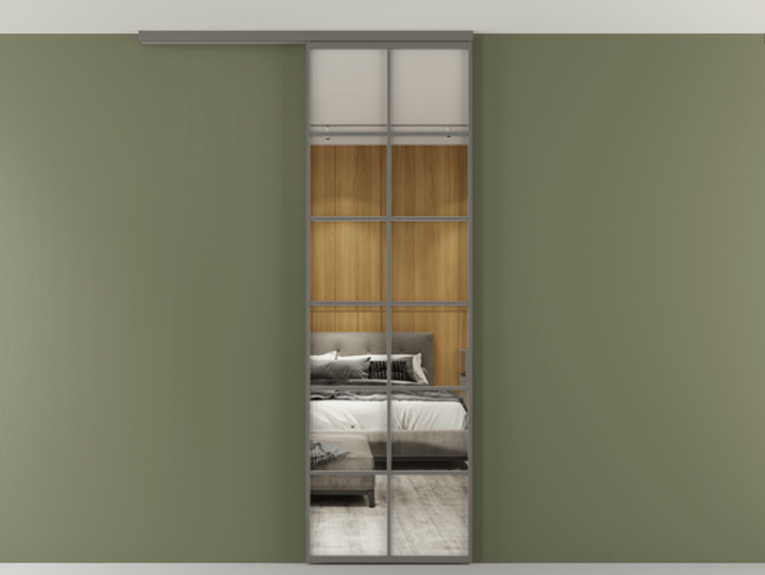 Перегородка Формато вдоль стены на потолок 1 створка АЛПР 040.05 Алюминий классический серый Двустороннее зеркало, триплекс , триплекс 6 мм Цена 727350 AMD | Volhovec