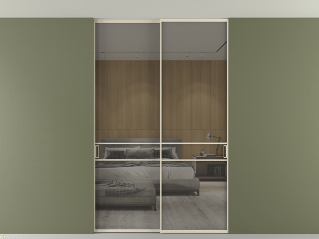 Перегородка Formato внутри проёма скрытое крепление в потолок 2 створки АЛПР 040.02 Алюминий бежево-серый Рефлективное серое стекло "Стопсол", калёное Цена 2060430 AMD | Volhovec