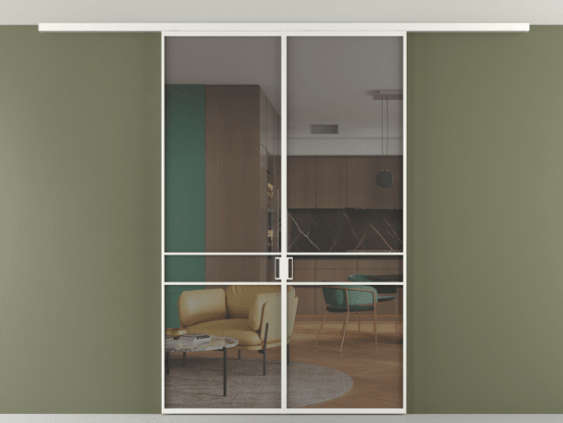 Перегородка Формато вдоль стены на потолок 2 створки АЛПР 040.02 Алюминий светло-серый Прозрачное серое стекло, триплекс Цена 1258530 AMD | Volhovec