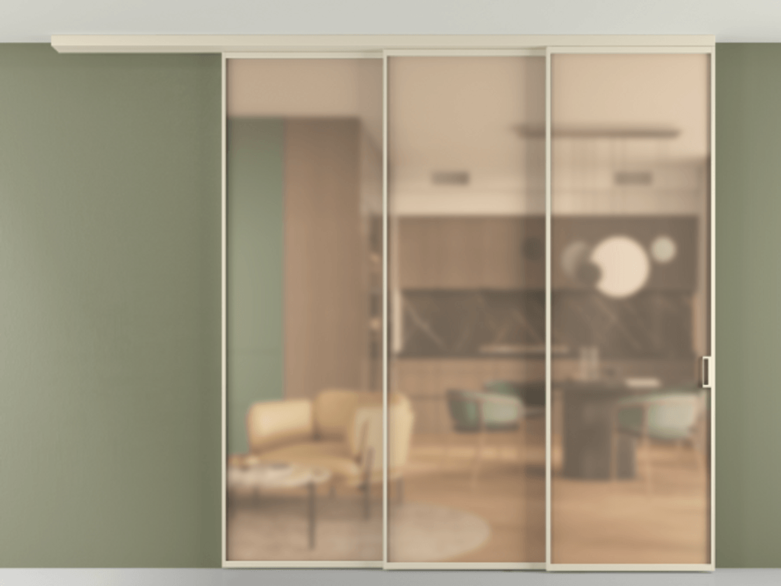 Перегородка Formato вдоль стены на потолок 3 створки с синхронным механизмом АЛПР 040.01 Алюминий бежево-серый Сатинированное оранжевое стекло, триплекс Цена 2576900 AMD | Volhovec