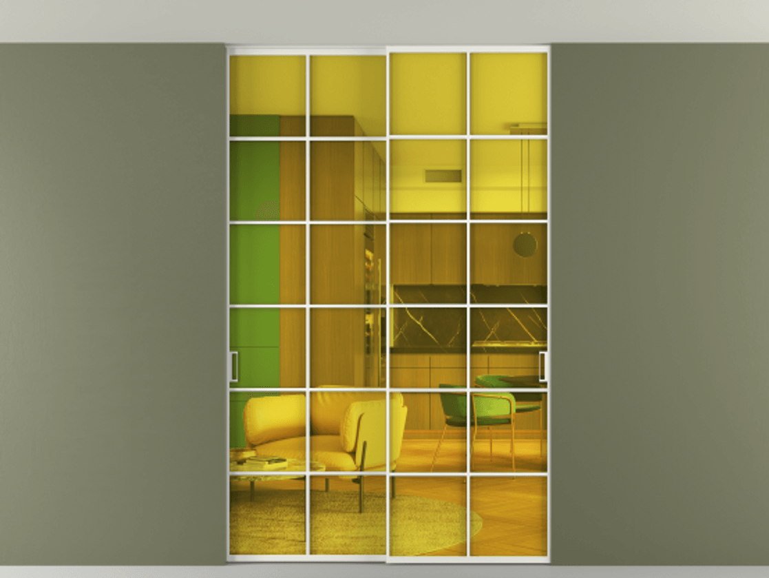 Перегородка Формато внутри проёма скрытое крепление в потолок 2 створки АЛПР 040.05 Алюминий светло-серый Прозрачное жёлтое стекло, триплекс Цена 1760800 AMD | Volhovec