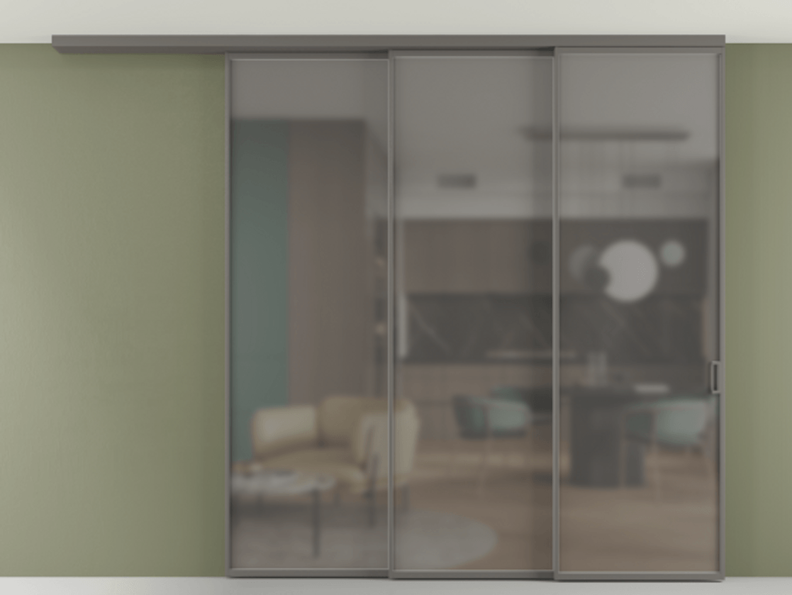 Перегородка Формато вдоль стены на потолок 3 створки с синхронным механизмом АЛПР 040.01 Алюминий классический серый Сатинированное серое стекло, триплекс Цена 2576940 AMD | Volhovec