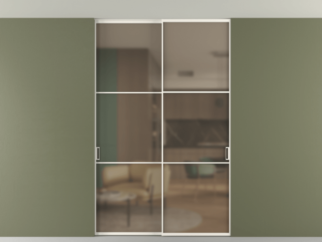 Перегородка Formato внутри проёма скрытое крепление в потолок 2 створки АЛПР 040.03 Алюминий пудровый белый Сатинированное бронзовое стекло, триплекс Цена 1673960 AMD | Volhovec