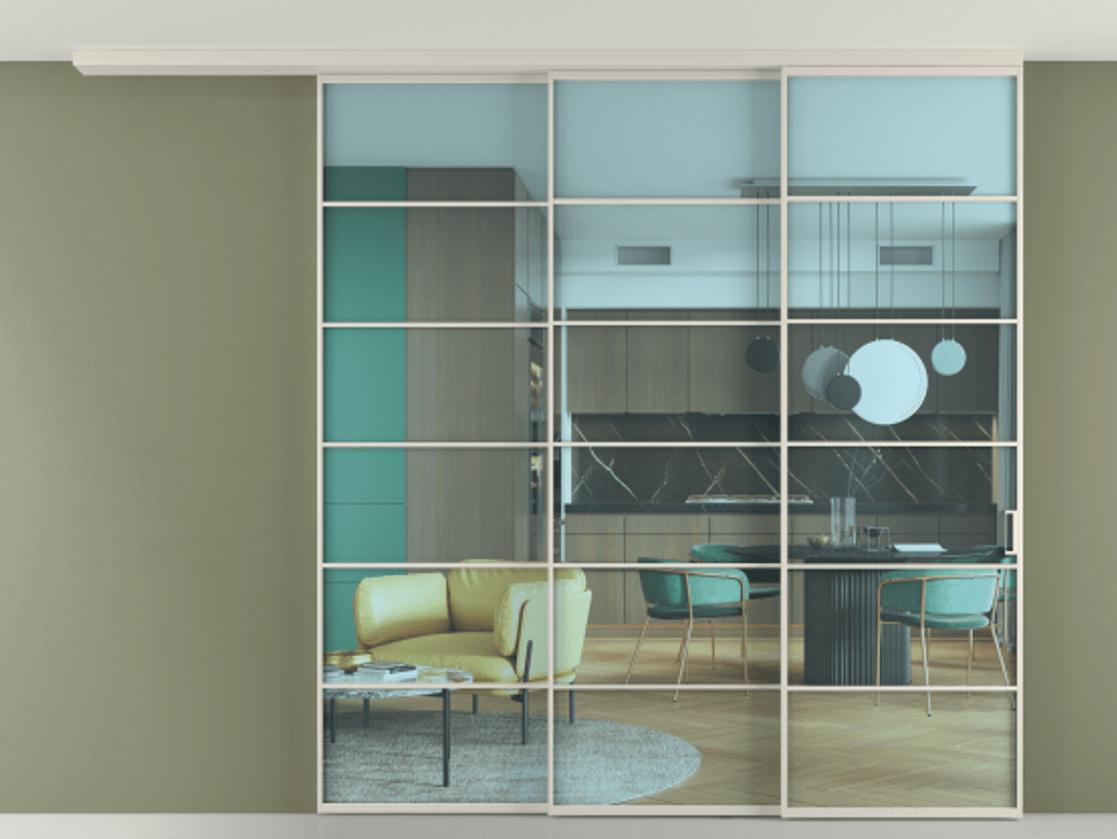 Перегородка Formato вдоль стены на потолок 3 створки с синхронным механизмом АЛПР 040.04 Алюминий облачно-серый Прозрачное голубое стекло, триплекс Цена 2812000 AMD | Volhovec