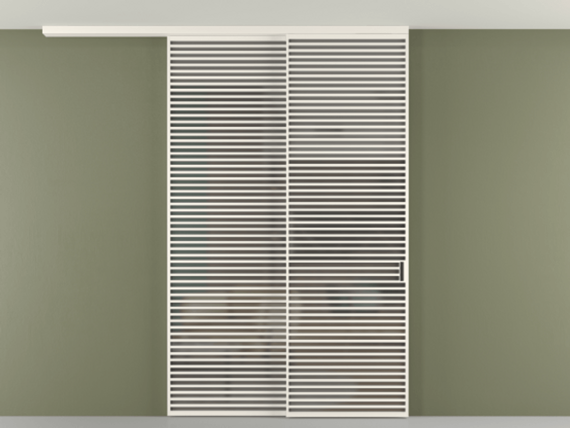 Перегородка Формато вдоль стены на потолок 2 створки с синхронным механизмом АЛПР 040.07 Алюминий пудровый белый Сатинированное серое стекло, триплекс Цена 3551530 AMD | Volhovec