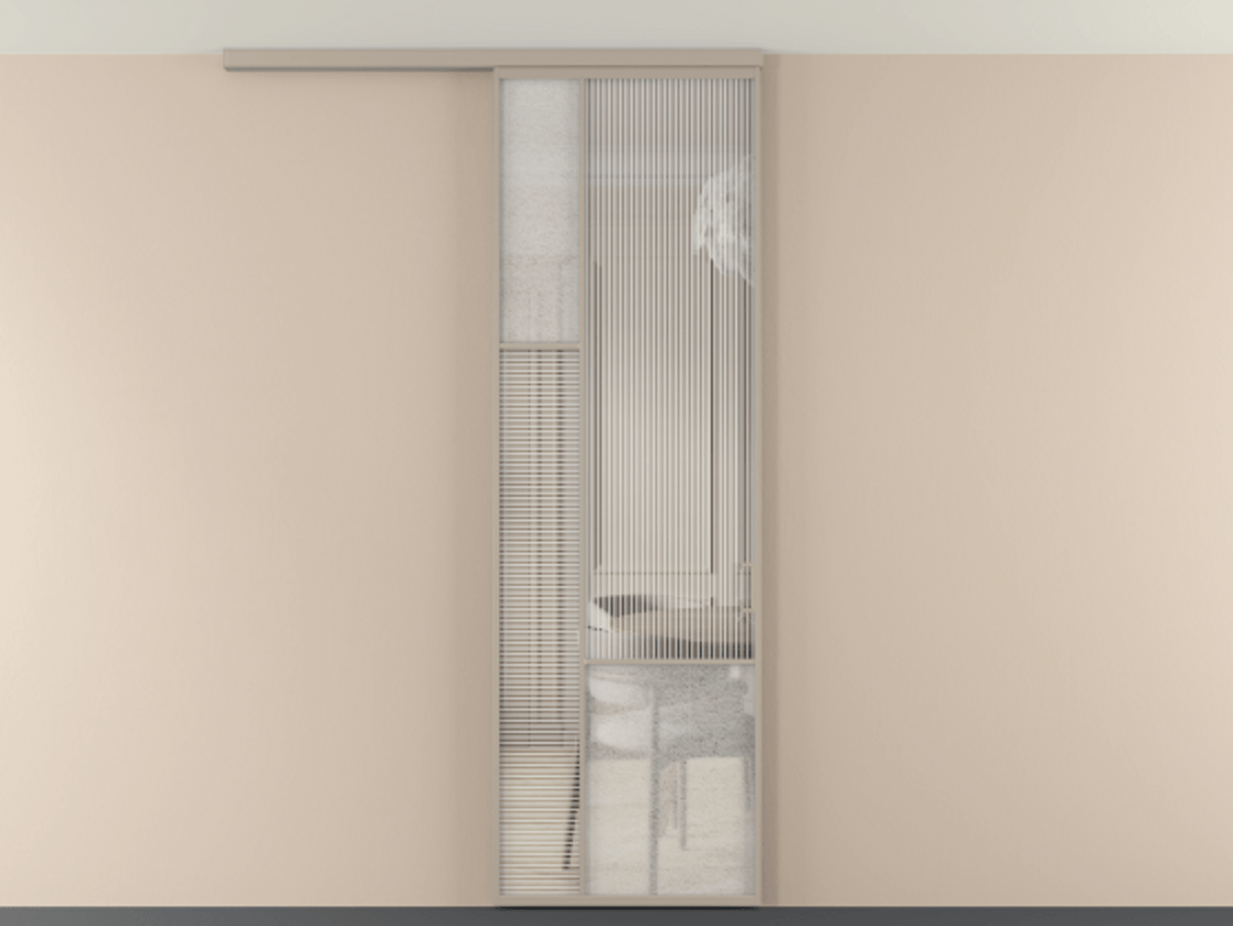 Перегородка Мозаик вдоль стены на потолок 1 створка АЛПР 041.13 Алюминий бисквитный Рифлёное стекло "Дюна", триплекс, 6 мм + Фактурное стекло "Лёд", триплекс Цена 964660 AMD | Volhovec