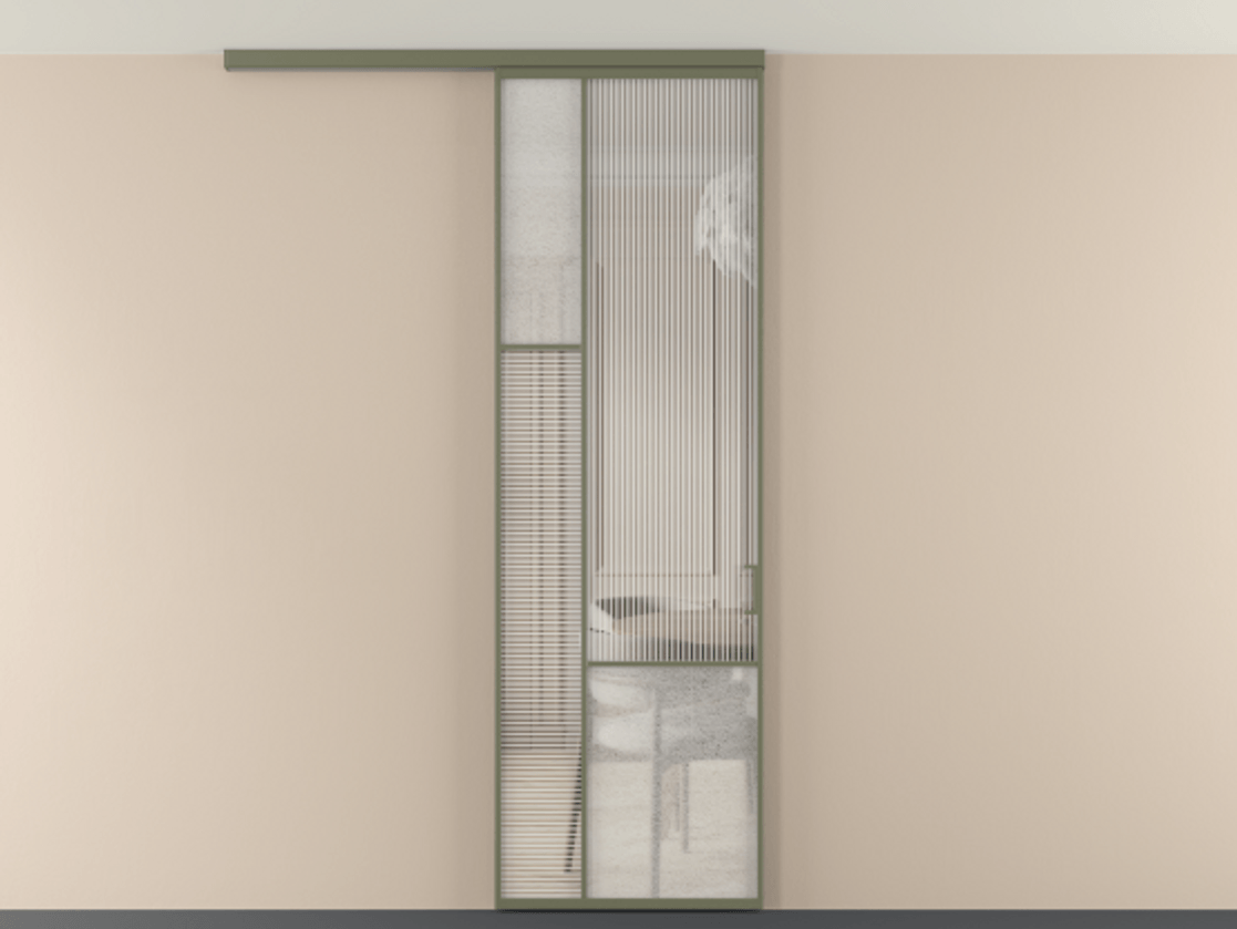 Перегородка Мозаик вдоль стены на потолок 1 створка АЛПР 041.13 Алюминий оливковый тёмный Рифлёное стекло "Дюна", триплекс, 6 мм + Фактурное стекло "Лёд", триплекс Цена 964660 AMD | Volhovec