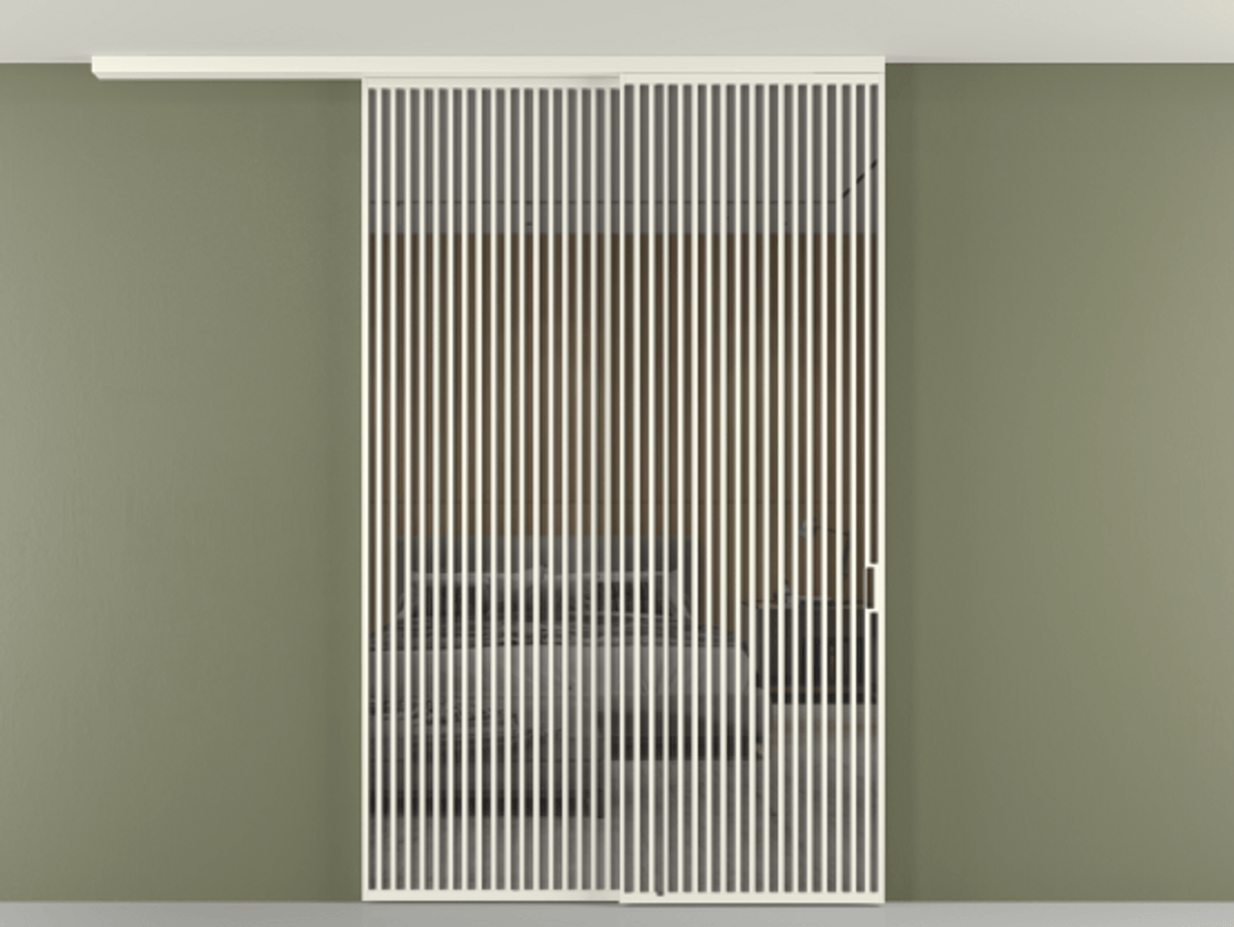 Перегородка Формато вдоль стены на потолок 2 створки с синхронным механизмом АЛПР 040.06 Алюминий жемчужный Рефлективное серое стекло "Стопсол", калёное Цена 3124200 AMD | Volhovec