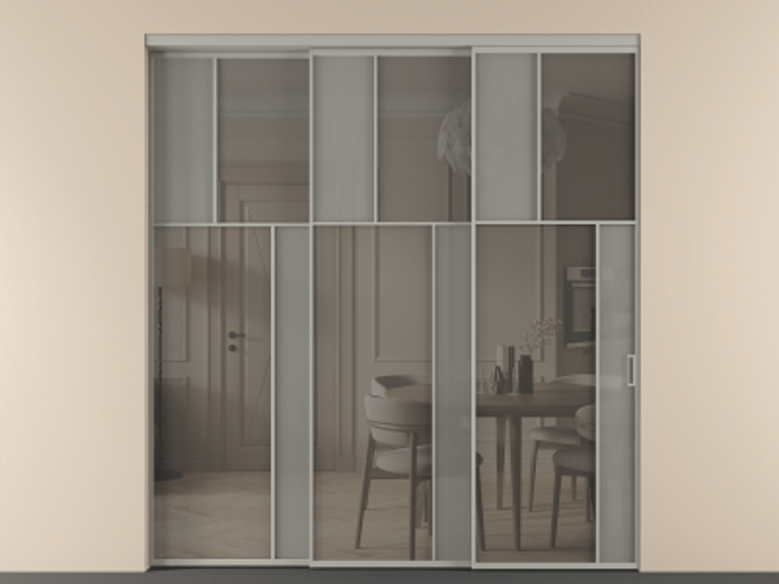 Перегородка Mosaic внутри проёма 3 створки с синхронным механизмом АЛПР 041.23 Алюминий нейтральный серый Сатинированное серое стекло, триплекс, 6 мм + Прозрачное серое стекло, триплекс Цена 2949760 AMD | Volhovec