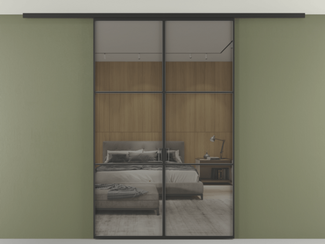 Перегородка Формато вдоль стены на потолок 2 створки АЛПР 040.03 Алюминий Черный Рефлективное серое стекло "Стопсол", калёное Цена 1584170 AMD | Volhovec