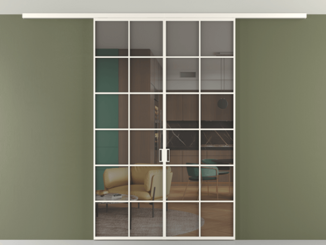 Перегородка Формато вдоль стены на потолок 2 створки АЛПР 040.05 Алюминий пудровый белый Прозрачное серое стекло, триплекс Цена 1652820 AMD | Volhovec